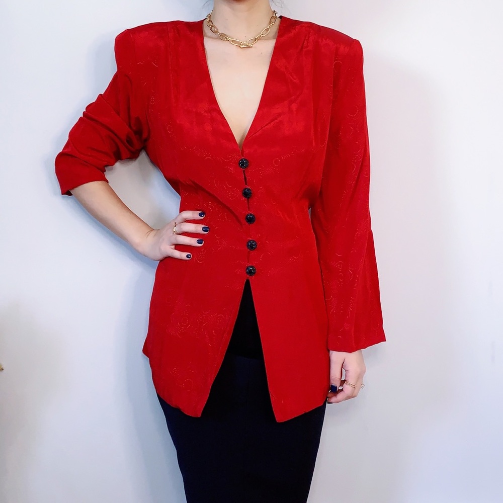 Vintage Deep V-Neck Red Blazer Top M/L